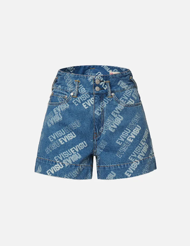 Allover Logo Discharged Print Denim Shorts