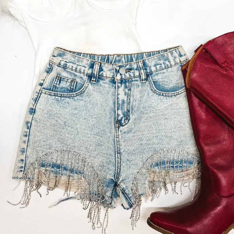 Saddle Up Crystal Fringe Distressed Denim Shorts in Light Wash