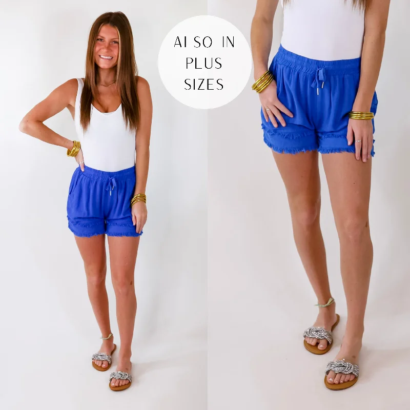 On Vacation Time Distressed Hem Shorts in Cobalt Blue