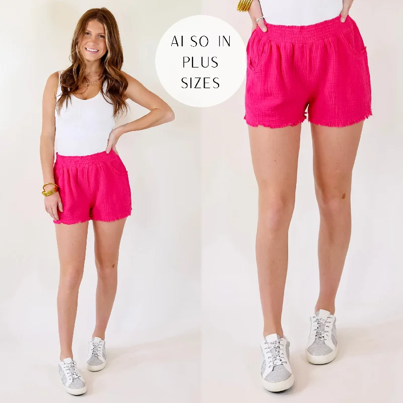 Stay With Me Distressed Hem Shorts in Hot Pink