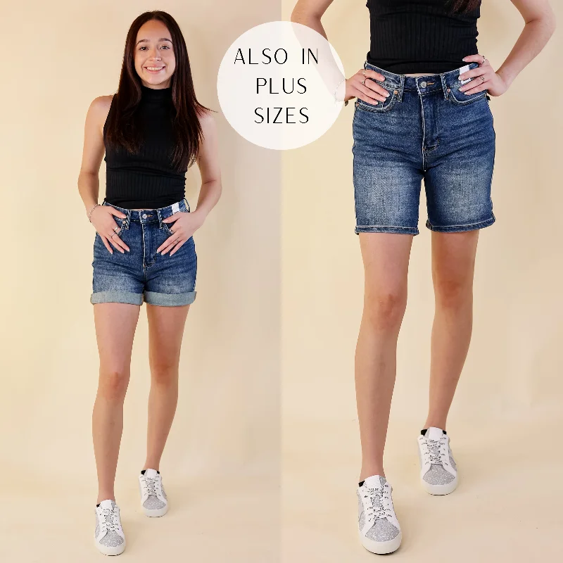 Last Chance Size Small & 3XL | Judy Blue | Urban Ease Tummy Control Mid Thigh Cuffed Shorts in Vintage Dark Wash