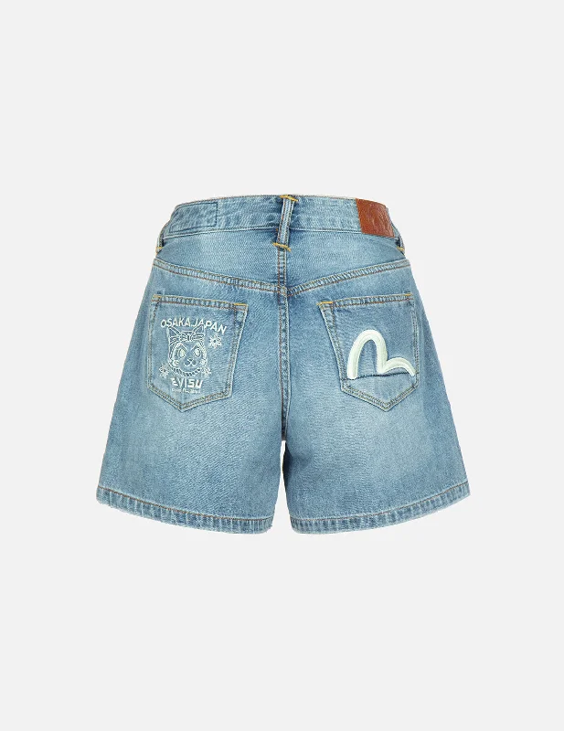 Fortune Cat and Seagull Embroidery Denim Shorts