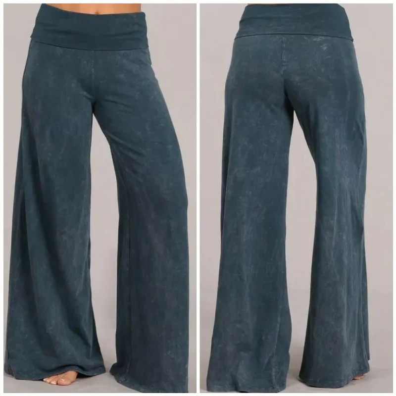 Blue Gray Mineral Wash Wide Led Foldover Over Waistband Casual Boho Womens Pants