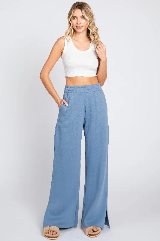 Blue Soft Wide Leg Side Slit Sweatpants