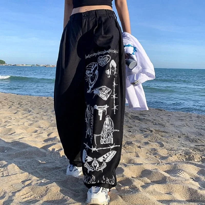 DressBetty - Gothic Punk Oversize Wide Leg Pants Women Streetwear Grunge Graffiti Print Baggy Black Trousers