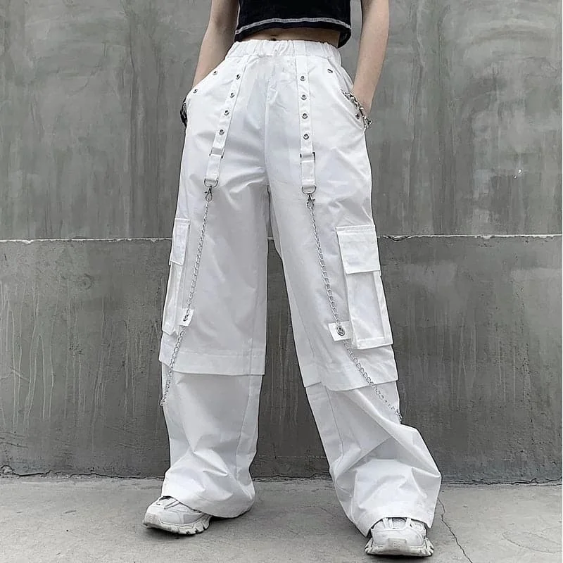 DressBetty - Mall Goth White Cargo Pants Women Gothic Harajuku Hippie Streetwear Chain Punk Loose Trouser Baggy Oversize Korean Style