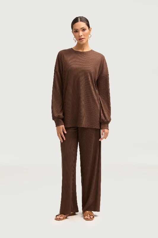 Mona Ribbed Top & Pants Matching Set - Truffle