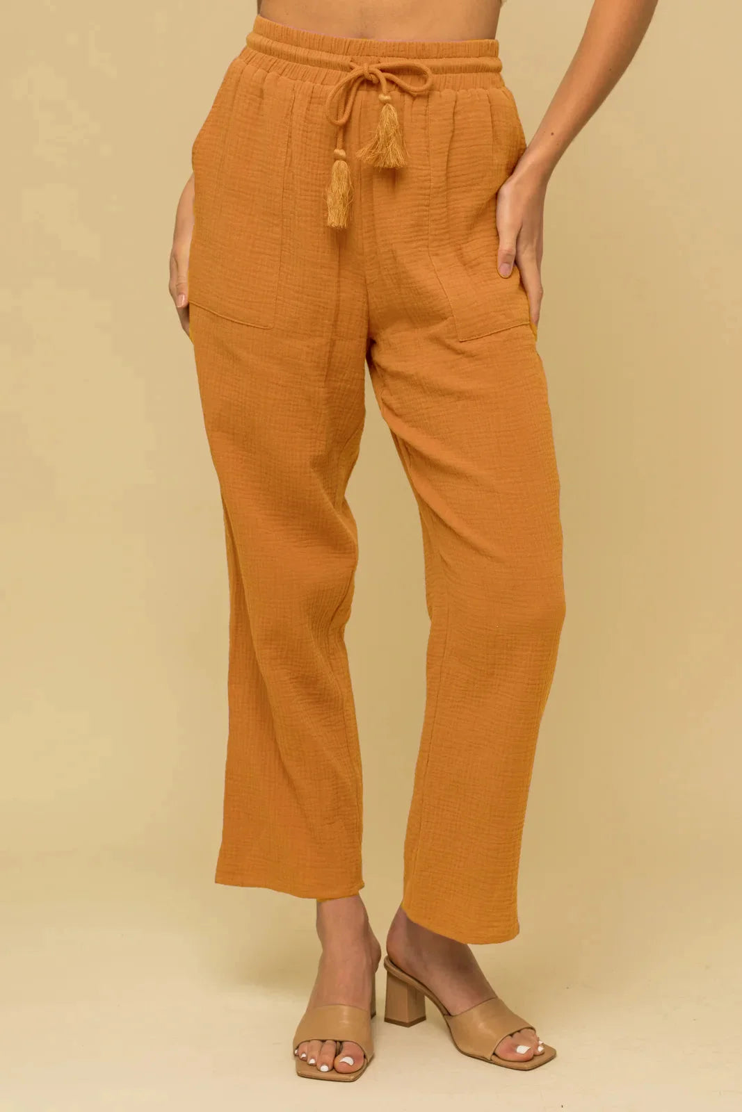 Cotton Tasseled Drawstring Waist Side Pocket Pants