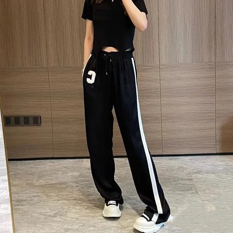 DressBetty - New Autumn Women Fashion Trouser C Word Wide Leg High Waist Casual Black Drape Effect Sport Pants