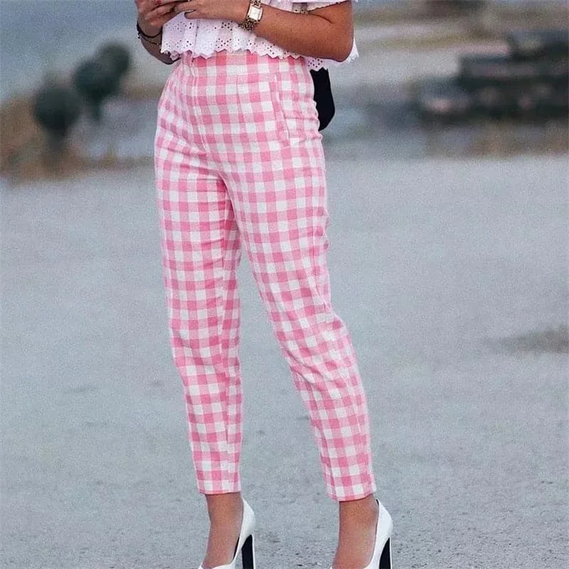 DressBetty - Office Lady Fashion Pink Plaid Suit Cotton Long Pants Women Summer Za High Waist Zipper Straight Chic Trousers