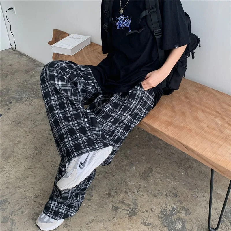 DressBetty - Oversize 3XL Plaid Pants Women Casual Loose Wide Leg Trousers Ins Retro Teens Straight Trousers Hip-hop Unisex Streetwear