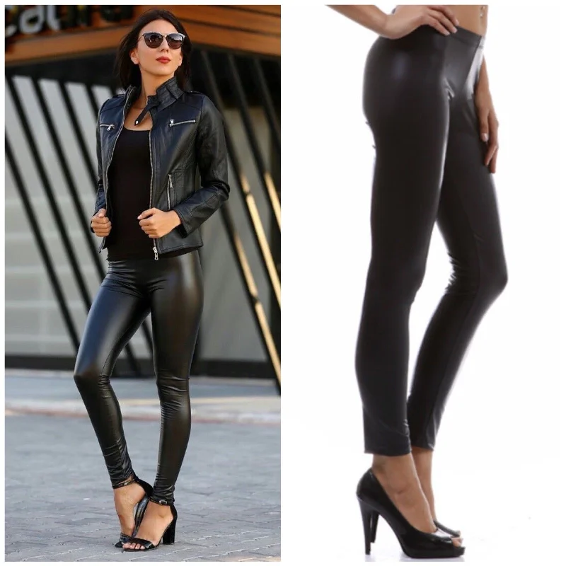 Black Matte Vegan Faux Leather Leggings Stretch Pants S M L