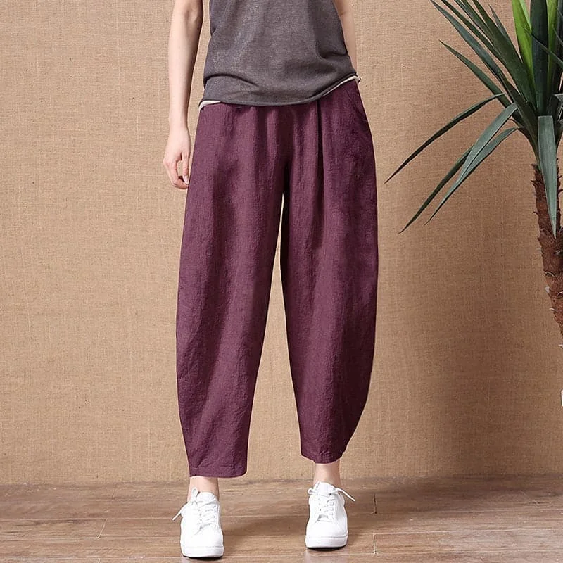 DressBetty - ShiMai Women's Cotton Linen Pants Elastic Waist Vintage Trousers Lady Loose Casual Pants S-2XL Retro Literary Cotton Trousers