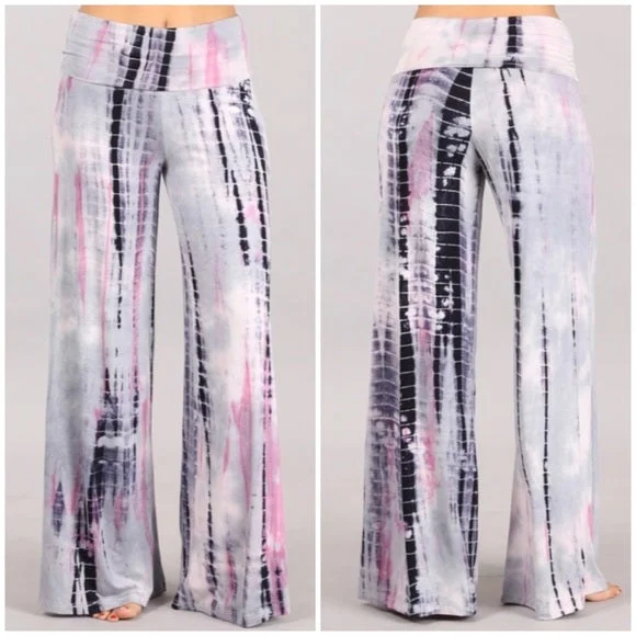 Silver Pink Tie Dye Foldover High Waist Wide Leg Palazzo Lounge Stretch Pants