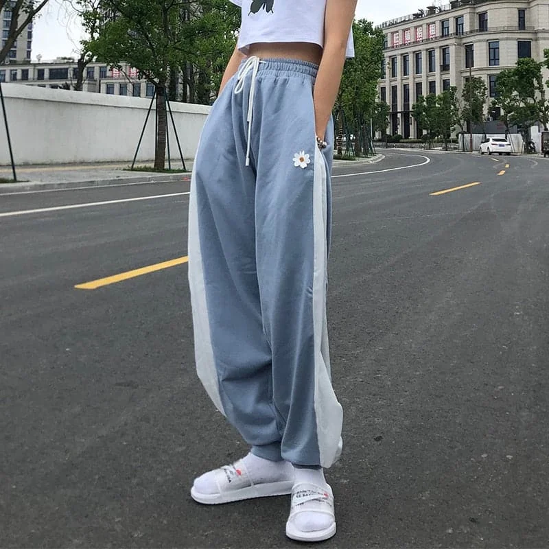 DressBetty - White Blue Contrast Loose Jogging Pants Women High Waist Drawstring Trousers Casual Pants Female Korean Streetwear Pants