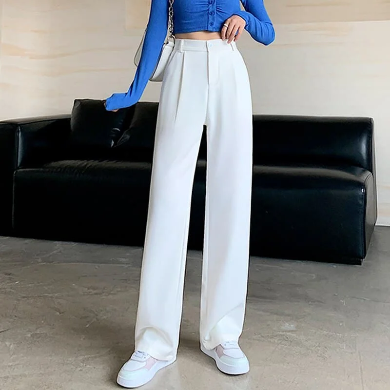 DressBetty - Women High Waist Floor-Length Suits Pants Autumn Winter White Loose Wide Leg Pants Female Office Ladies Straight Long Trousers