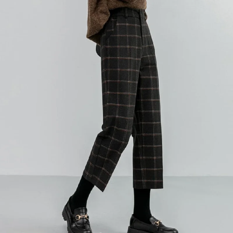 DressBetty - Woolen Plaid Autumn Winter Women's High Waist Formal Straight Pants Loose Ankle-Length Pants Female Boots Pants Plus Size